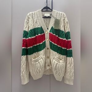 Gucci Cream Knit Cardigan with Red and Green Stripes